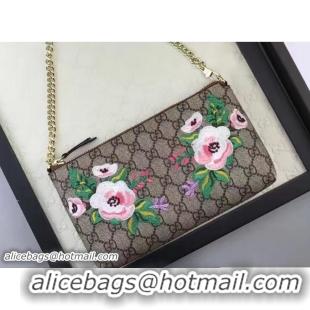 Classic Gucci Embroidered Flowers Exclusive GG Supreme Wrist Chain Wallet Bag 456866 Brown 2017