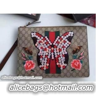 Unique Discount Gucci Embroidered Butterfly GG Supreme Canvas Men's Zipper Pouch Clutch Bag 433665 2016