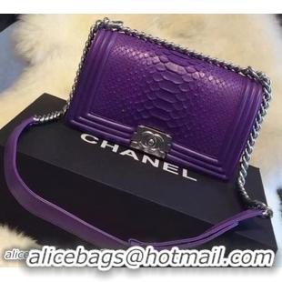 Chanel Boy Flap Shoulder Bag Violet Python Leather A66095 Silver