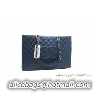 Chanel A37001 GST Dark Blue Caviar Leather Large Coco Shopper Bag Silver