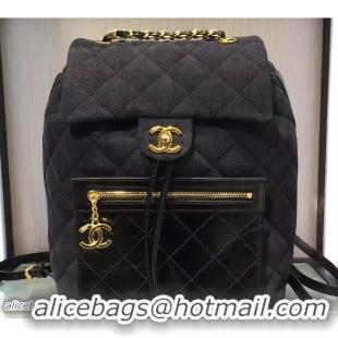 Inexpensive Chanel Denim and Calfskin/Light Gold Metal Backpack Bag A93563 Black