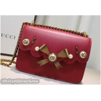 Unique Ladies Gucci Pearl Studs and Bow Leather Chain Shoulder Small Bag 432281 Red 2016