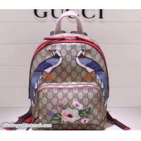 Unique Style Gucci GG Supreme Small Backpack Bag 427042 Exclusive Embroidered Bird Flower Red