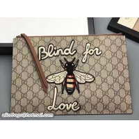 Buy Discount Gucci Embroidered Bee and Blind For Love Large Zipped Pouch Clutch Bag 431416 GG Supreme Brown