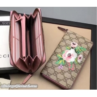 Inexpensive Gucci Embroidered Flowers Exclusive GG Supreme Zip Around Wallet 456863 Pink
