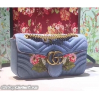 Crafted Gucci GG Marmont Matelassé Chevron Embroidered Floral Small Chain Shoulder Bag 443497 Blue 2017