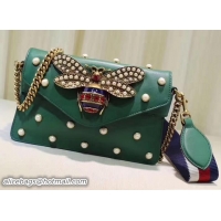 Famous Brand Gucci Pearl Studs And Metal Bee Broadway Leather Chain Clutch Bag 453778 Green 2017