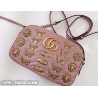 Luxurious Gucci GG Marmont Metal Animal Insects Studs Shoulder Small Bag 447632 Nude Pink 2017