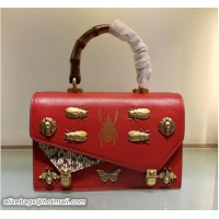 Shop Duplicate Gucci Metal Bee Insect Print Ottilia Leather Small Top Handle Bag 488715 Red 2018