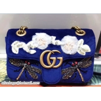 Sophisticated Gucci GG Marmont Chevron Embroidered Crystal Dragonfly and Flower Velvet Mini Bag 446744 Blue 2018