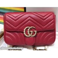 Luxury Gucci Pearls GG Marmont Matelassé Chevron Mini Chain Shoulder Belt Bag 446744/476809 Red 2018