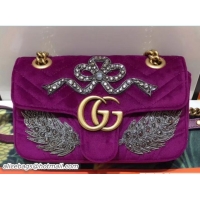 Luxury Gucci GG Marmont Chevron Embroidered Crystal Bow and Feather Velvet Mini Bag 446744 Bordeaux 2018