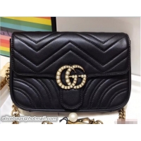 Perfect Gucci Pearls GG Marmont Matelassé Chevron Mini Chain Shoulder Belt Bag 446744/476809 Black 2018