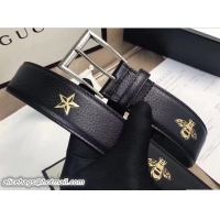 Duplicate Gucci Width 38mm Bees and Stars Leather Belt 495125 Black with Silver Hardware 2018