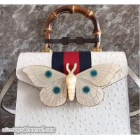 Popular Style Gucci Web Moth Ostrich Pattern Medium Top Handle Bag 488691 White 2018