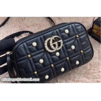 Good Quality Gucci GG Marmont Chevron Pearl and Stud Shoulder Small Bag 447632 Black 2018