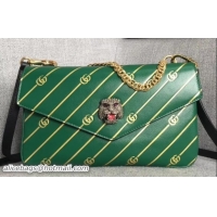 Perfect Gucci Double G And Feline Head With Crystals Medium Double Shoulder Bag 524822 Green/Black 2018