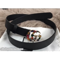 Discount Gucci Width 3cm Black Leather Belt with Multicolor Crystals Double G Buckle 519789