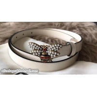 Duplicate Gucci Width 2cm Metal Bee With Pearls Crystals Buckle Belt 519792 White