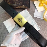 Stylish Gucci Width 3.8cm Leather Belt Black with Bee Metal Buckle 519821