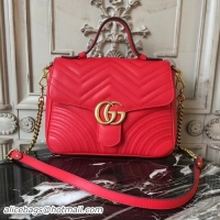 Pretty Style Gucci GG Marmont Chevron Quilted Top Handle 26cm Bag with Chain Strap Calfskin Leather 498110 Red