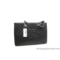 Chanel A37001 GST Black Caviar Leather Large Coco Shopper Bag Silver