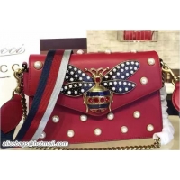 Discount Gucci Pearl Studs And Metal Bee Broadway Leather Chain Clutch Bag 453778 Red