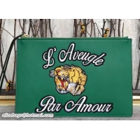 Best Product Gucci Embroidered Tiger and l’aveugle par amour Large Zipped Pouch Clutch Bag 445597 Green 2017