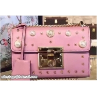 Grade Quality Gucci Padlock Pearl Studded Detail GG Calfskin Leather Shoulder Bag 409487 Pink
