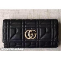 Best Grade Gucci Pearl Logo GG Marmont Matelassé Chevron Continental Wallet 443436 Black