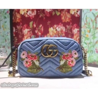 Fashion Gucci GG Marmont Matelassé Chevron Embroidered Floral Shoulder Small Bag 447632 Blue