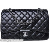 Chanel Maxi Quilted Classic Flap Bag Black Sheepskin A58601 Silver