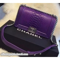 Chanel Boy Flap Shoulder Bag Violet Python Leather A66095 Silver