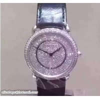 Sumptuous Cartier All Over Crystal Watch Silver With Crocodile Pattern Belt