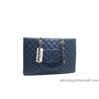 Chanel A37001 GST Dark Blue Caviar Leather Large Coco Shopper Bag Silver