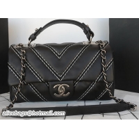 Chanel Classic Top Handle Bag Original Chevron Calfskin Leather A94168 Black