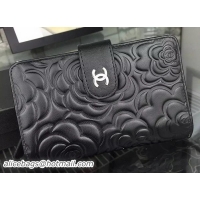 Super Chanel Camellias Bi-Fold Wallet Sheepskin Leather A88730 Black