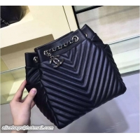Modern Chanel Chevron Calfskin Drawstring Small Bag A91135 Black