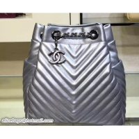 Famous Chanel Chevron Calfskin Drawstring Small Bag A91135 Metallic Silver