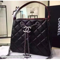 Buy Discount Chanel Single Top Handle CC Drawstring Bucket Small Bag Lambskin Leather 7032703 Black/Red