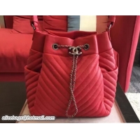 Charming Chanel Deer Leather Chevron Drawstring Bag A91273 Red