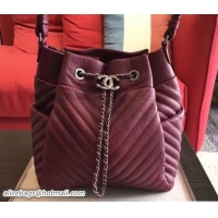 Luxurious Chanel Deer Leather Chevron Drawstring Bag A91273 Burgundy