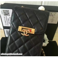 Feminine Chanel Phone Holder Pouch with Chain Bag A84051 Grained Calfskin Black