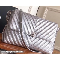 Unique Style Chanel Metallic Crumpled Calfskin Chevron Space Suit Flap Bag A91978 Silver