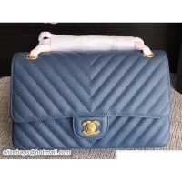 Beautiful Chanel Caviar Leather Chevron Classic Flap Medium Bag A01112 Navy Blue/Gold