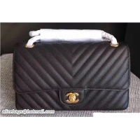 Crafted Chanel Caviar Leather Chevron Classic Flap Medium Bag A01112 Black/Gold