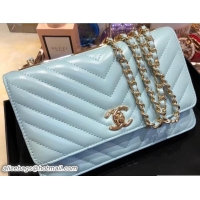 Fashion Luxury Chanel Lambskin Chevron Trendy CC Wallet On Chain WOC Bag A84456 Light Blue 2018