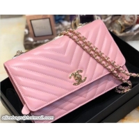 Best Grade Chanel Lambskin Chevron Trendy CC Wallet On Chain WOC Bag A84456 Pink 2018