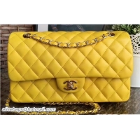 Grade Chanel Classic Flap Medium Bag A1112 Yellow in Sheepskin Leather with Gold Hardware