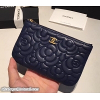 Top Design Chanel Camellia Zipped Coin Purse 606013 Navy Blue/Gold